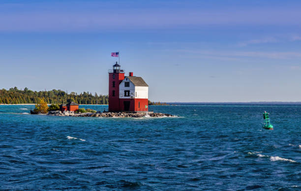 Round Island Lighthouse Round Island Light House. Taken on a ferry ride form the mainland to Mackinaw Island mackinac island stock pictures, royalty-free photos & images