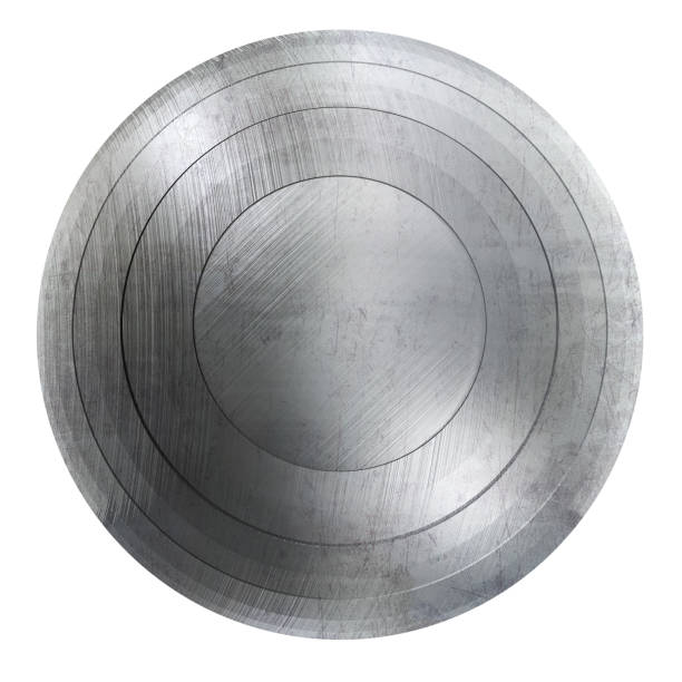 Round Metal Shield Isolated on White Round Shield with Scratched Metal Texture. Isolated on White. 3D Illustration with Clipping Path. disk stock pictures, royalty-free photos & images