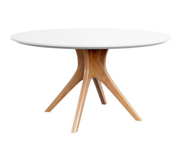 Round wooden table with a white counter. Dining table isolated on white background. Clipping path included. 3D render. stock photo