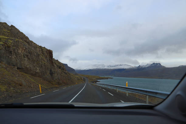 Route 1 or the Ring Road and Berufjordur fjord in East Iceland. View from a car window while driving stock photo