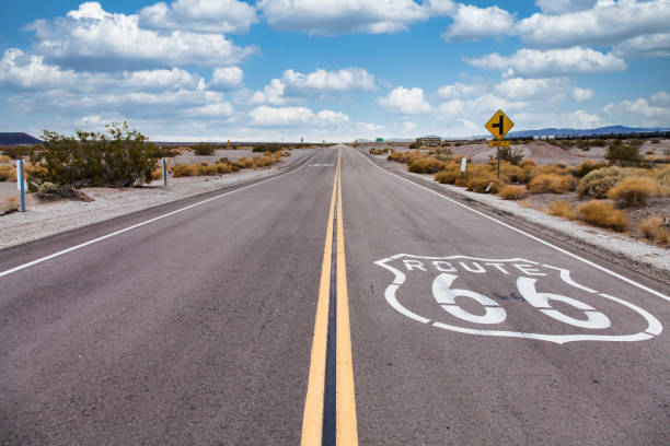 Route 66 in the desert with scenic sky. Classic vintage image with nobody in the frame. stock photo