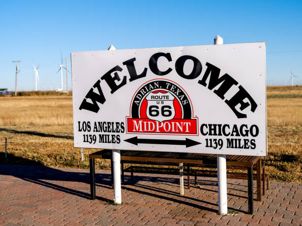 Route 66 Midpoint sign in Adrain Texas. stock photo