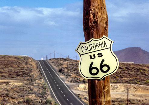 Route 66 Road Sign On Wooden Pole California Usa Stock Photo - Download
