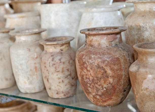 Row of alabaster vases at an egyptian market stock photo
