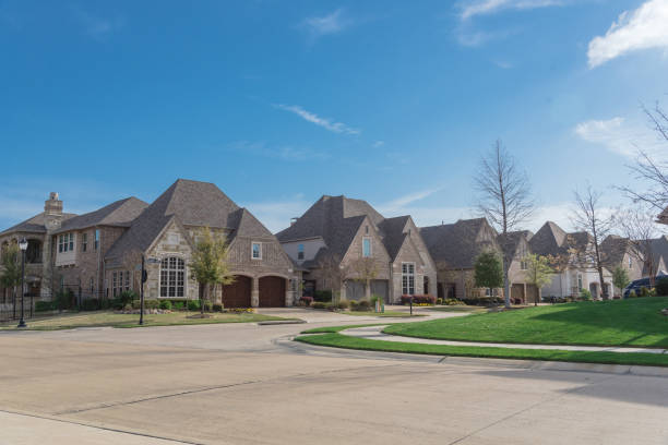 Row of brand new two story houses in upscale residential neighborhood in suburbs Dallas, Texas stock photo