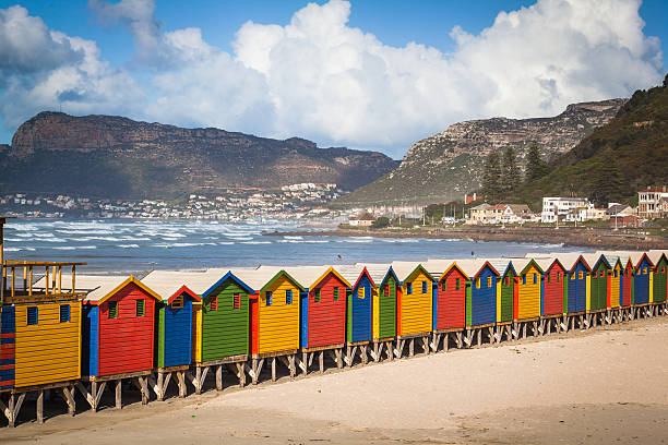 Row of brightly colored huts in Muizenberg beach. Muizenberg stock photo