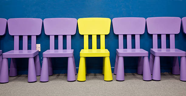 Children's chairs - A yellow colored one in the middle of several...