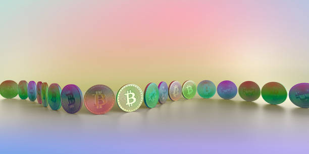 Row of Multi-Coloured Bitcoin's Arranged In Curve Against Colourful Background stock photo