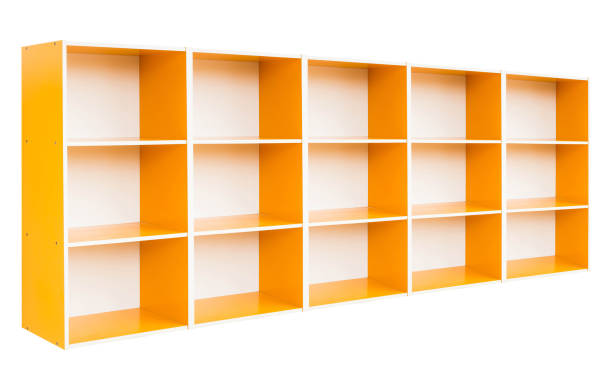 row of orange wooden shelf isolated on white background stock photo