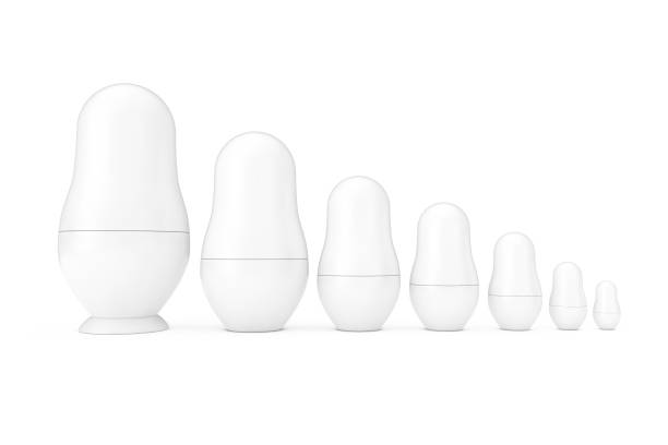 Row of Russian Blank White Matryoshka Nesting Dolls Mockups in Clay Style. 3d Rendering Row of Russian Blank White Matryoshka Nesting Dolls Mockups in Clay Style on a white background. 3d Rendering russian nesting doll stock pictures, royalty-free photos & images