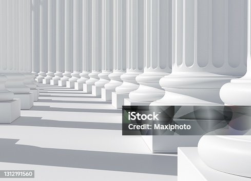istock Row of white marble columns, colonnade, bright light 1312191560