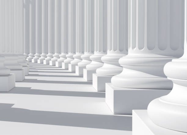 Row of white marble columns, colonnade, bright light stock photo