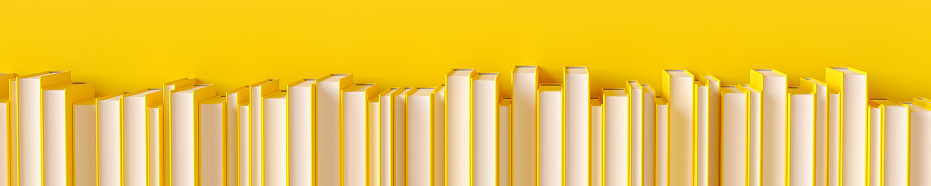 A row of yellow books on a yellow background, 3D rendering illustration.