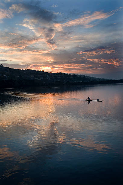 Rower on lake with sunset stock photo