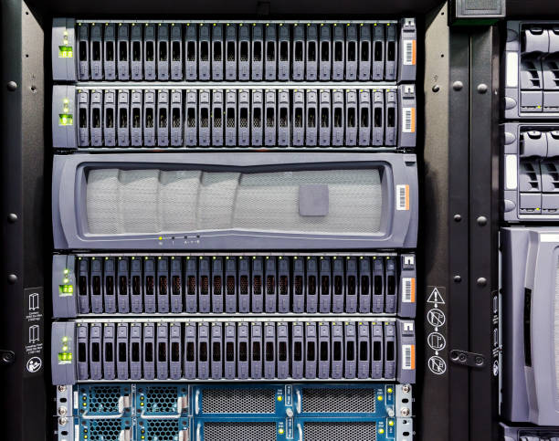 Rows of hard drives in the data center stock photo