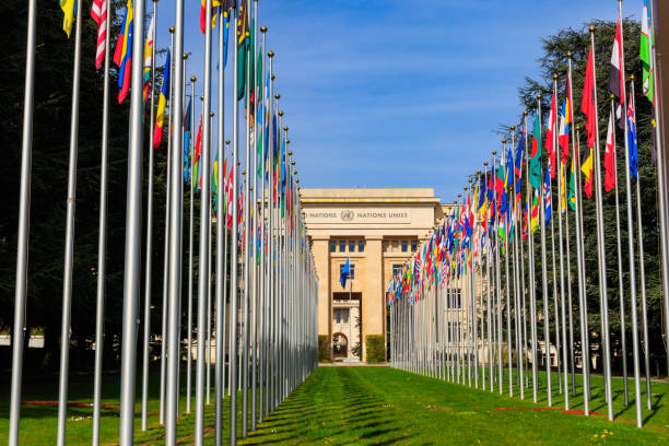 Rows of the United Nations member states flags in a front of Palace of United Nations in Geneva, Switzerland Geneva, Switzerland - April 11, 2022: Rows of the United Nations member states flags in a front of Palace of United Nations in Geneva, Switzerland unesco organised group stock pictures, royalty-free photos & images