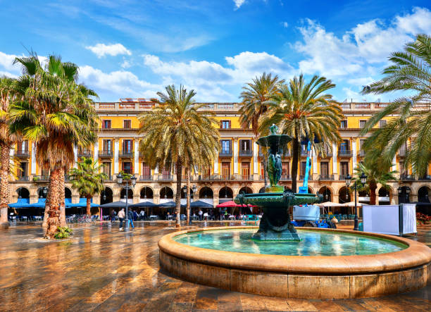 Royal area in Barcelona, Spain with fountain Royal area in Barcelona, Spain. Fountain with statues and high palm trees among traditional Spanish architecture at main central square of old town. Summer landscape with blue sky and clouds. barcelona spain stock pictures, royalty-free photos & images