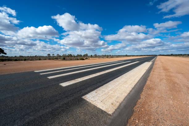 Royal Flying Doctor Service of Australia airstrip on a widened part of the Eyre Highway in Western Australia on the Nullarbor Plain stock photo