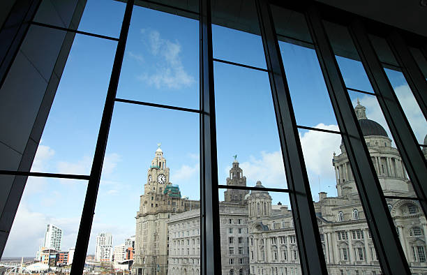 Royal  Liver and Port of Liverpool buildings Liverpool,England-21st February,2015:A view from Liverpool Museum at the iconic buildings -Royal Liver Building & Port of Liverpool Building liverpool docks and harbour building stock pictures, royalty-free photos & images