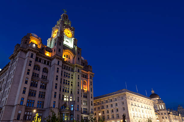 Royal Liver building Liverpool at night "The Royal Liver Building is one of Liverpool's most recognisable landmarks and features the Liver Birds on the top of it's twin clock towers. It is situated at Pier Head, part of Liverpool's UNESCO designated World Heritage Maritime Mercantile City." liverpool england photos stock pictures, royalty-free photos & images