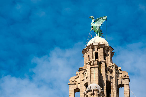 Royal Liver Building, Liverpool, England "Close up of a Liver Bird on top of the Royal Liver Building in Liverpool, England, UK." pierhead liverpool stock pictures, royalty-free photos & images