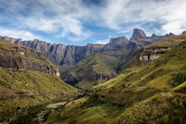 Royal Natal National Park, KwaZulu-Natal, South Africa - May 16th, 2015. View of the Amphitheatre, geographical feature of the Northern Drakensberg in South Africa. stock photo