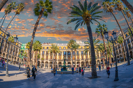 Barcelona, Catalonia: Placa Reial, a square  designed by F. D. Molina in the 19th century, in the neighborhood Barri Gotic. The square's lampposts were designed by the Antoni Gaudi.