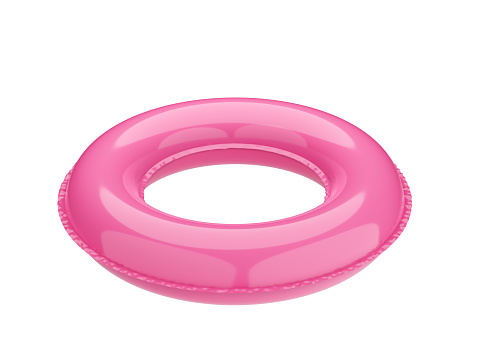 Rubber ring, round pink life buoy. Summer inflatable toy. Isolated on white. 3d illustration.