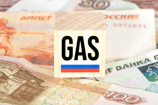 Ruble banknotes and gas delivery from Russia stock photo