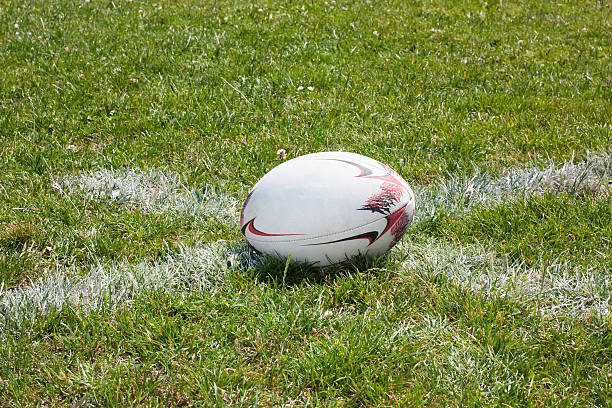 ballon de rugby située sur la ligne - ballon de rugby photos et images de collection