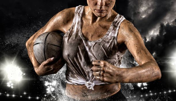 Rugby football woman player holds ball. Sports banner stock photo