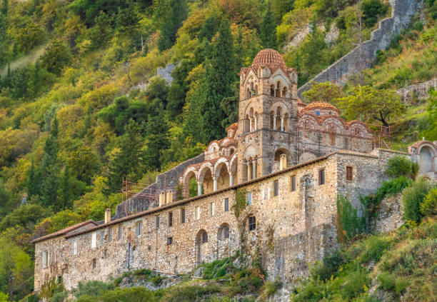 Ruins in Mystras (also Mistras, Myzithras) a historical fortified Bizantine town in Laconia, near ancient Sparta, Peloponnese, Greece. stock photo