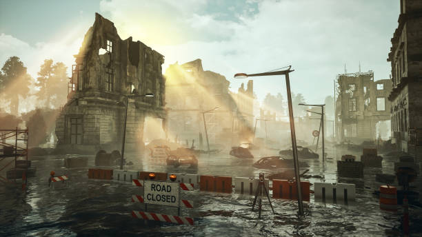 Ruins of a city. Apocalyptic landscape post apocalypse stock photo