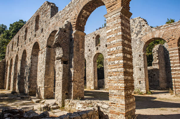Ruins of ancient christian basilica in Albanian Butrint stock photo