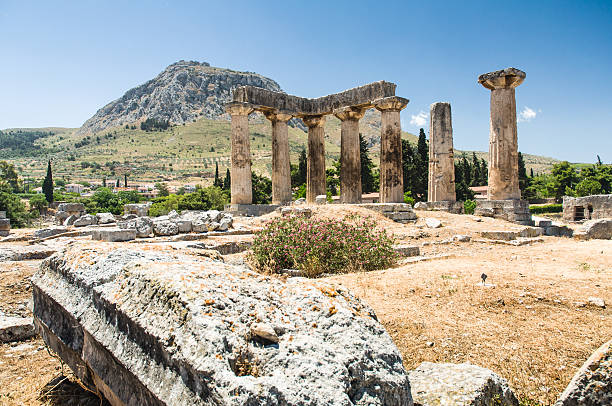 Ruins of Appollo temple in ancient Corinth, Greece stock photo