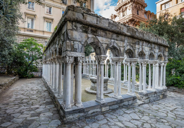 Ruins of St Andrew cloister in old center of Genoa, Italy stock photo