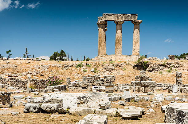 Ruins of temple in Corinth, Greece - archaeological site stock photo