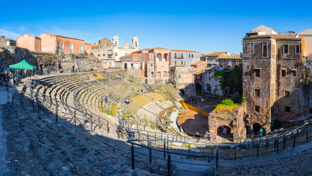 Ruins of the Roman theater of Catania, Sicily, Italy stock photo