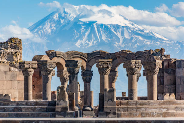 Ruins of the Zvartnos temple in Yerevan, Armenia Ruins of the Zvartnos temple in Yerevan, Armenia, with Mt Ararat in the background dormant volcano stock pictures, royalty-free photos & images