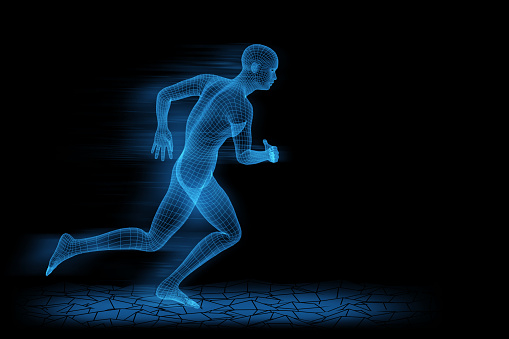 Single athlete on a marathon run. Keeping fit 3D illustration. Wire mesh sportsperson sprinting.