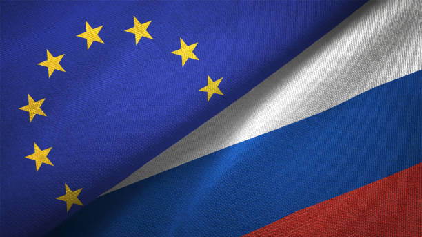 Russia and European Union two flags together realations textile cloth fabric texture stock photo
