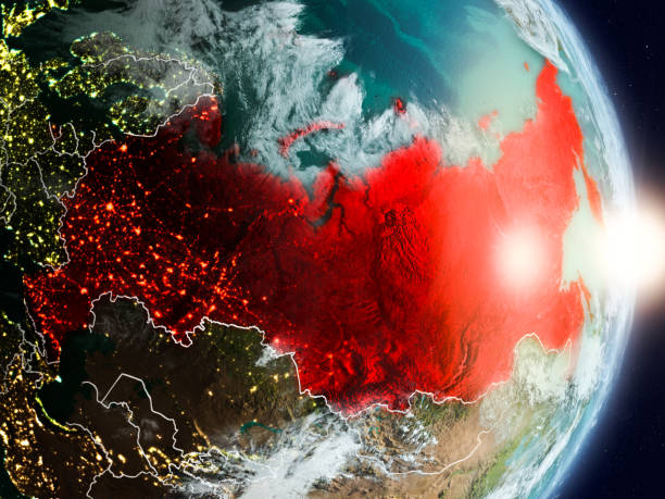 Russia during sunrise Russia during sunrise highlighted in red on planet Earth with visible country borders. 3D illustration. Elements of this image furnished by NASA. 3D model of planet created and rendered in Cheetah3D software, 7 Dec 2017. URL of the source map: https://visibleearth.nasa.gov/view.php?id=57752 russia stock pictures, royalty-free photos & images