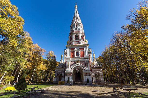 Russian church (Monastery Nativity) in town of Shipka, Bulgaria stock photo