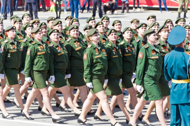 russian-military-women-are-marching-at-the-parade-on-annual-victory-picture-id1211181836