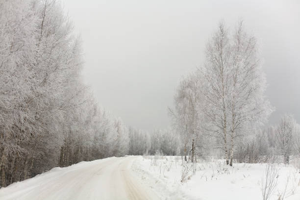 Russian rural road covered with white snow. stock photo