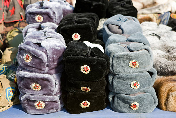 Russian souvenirs - fur hats stock photo