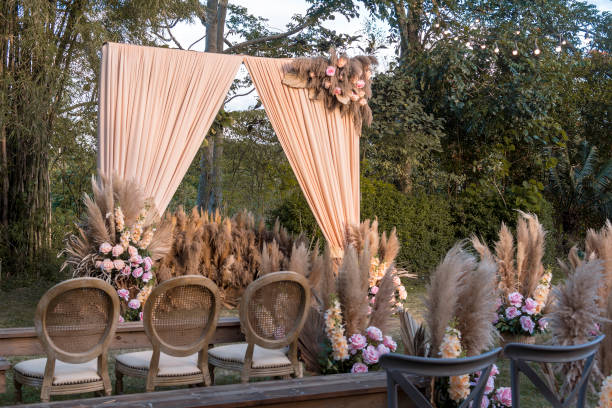 A rustic garden wedding setup, with wooden chairs and benches, and a simple altar arch and aisle lined with pampas leaves and pastel pink florals. stock photo