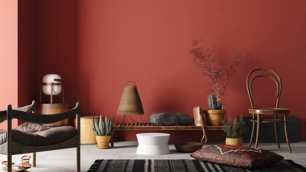 rustiek huis interieur model met bank, stoelen en decor in rode kamer - boho stockfoto's en -beelden