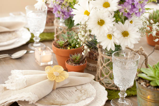 Rustic wedding or special occasion dining place setting with menu.