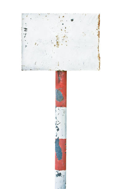 Rusty rusted metal sign board signage, old aged weathered white isolated blank empty signboard rectangle copy space, rectangular plate warning signpost pole post background, vintage grunge stock photo